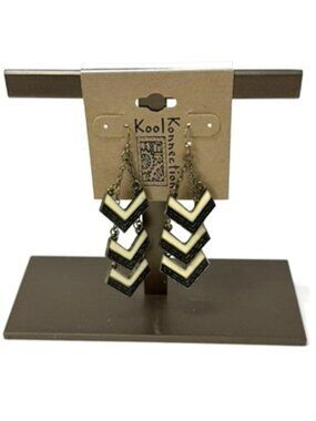 Kool Konnection Woman’s Dangle Earrings 2" Chevron Beige Enamel Bronze Tone